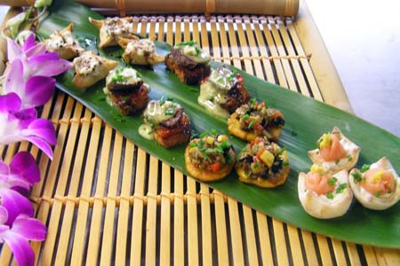 Cream Cheese and Smoked Salmon, Tartlet Fried Plantain with Tomato Salsa, Filet Mignon Béarnaise, Goat Cheese in Phyllo