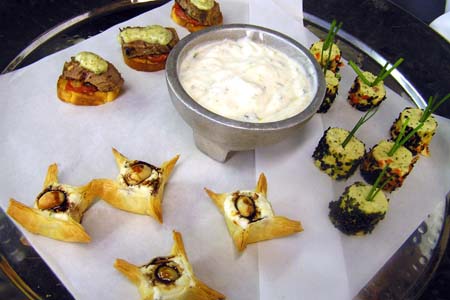 Goat Cheese in Phyllo, Balsamic Reduction, Chicken Kebab, Filet Mignon Béarnaise