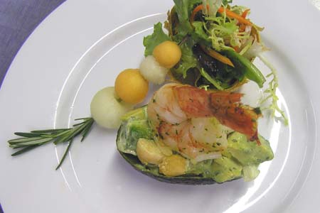 Shrimp Salad with Melon Salsa and Avocado Parfait