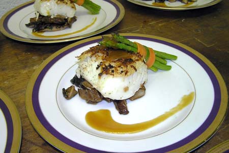 Chilean Sea Bass with Miso Sauce Over Sautéed Shiitake and Asparagus Bundle