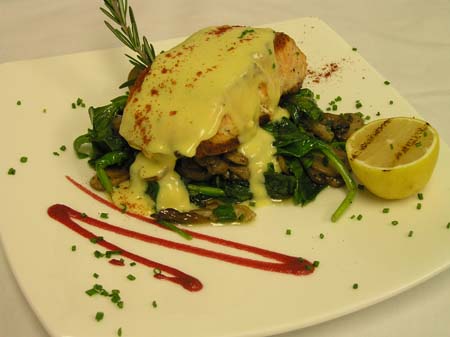 Salmon Béarnaise over Sautéed Baby Spinach and Portobello