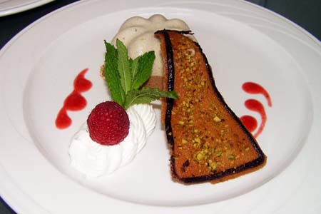 Banana Chocolate Tamarind Mousse with Pistachio Tuile