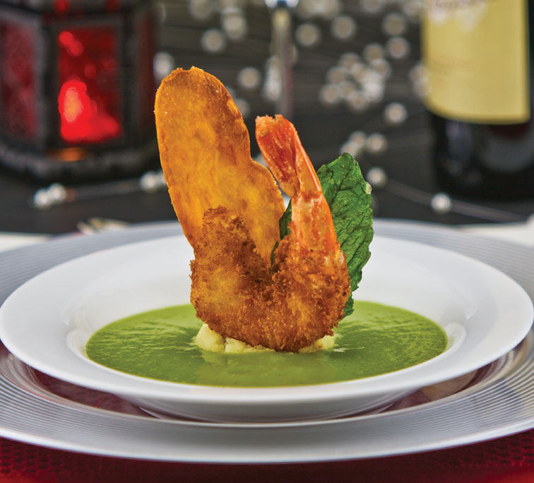 Mint Pea Soup With Coconut Shrimp and Celery Root Mash