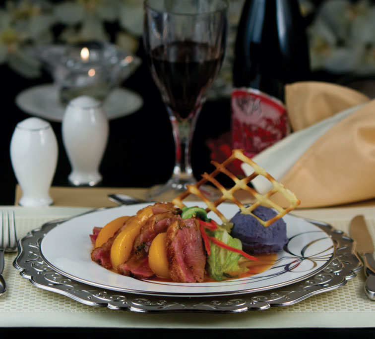 Duck Breast with Peach Sauce,
Napa Cabbage and Purple Potato